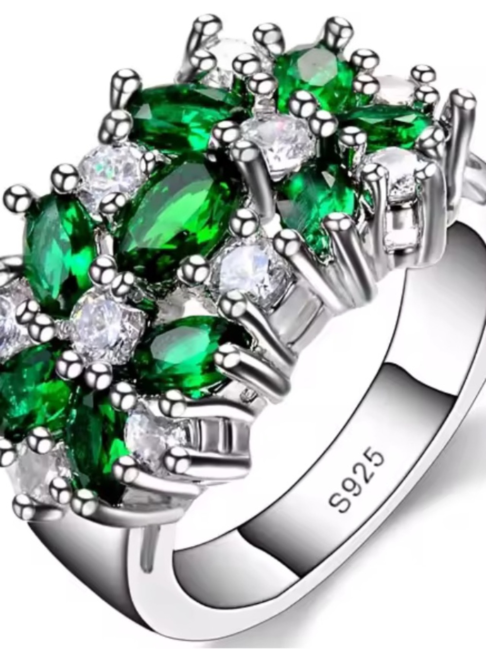 Sterling Silver Emerald Green Cluster Ring - S925